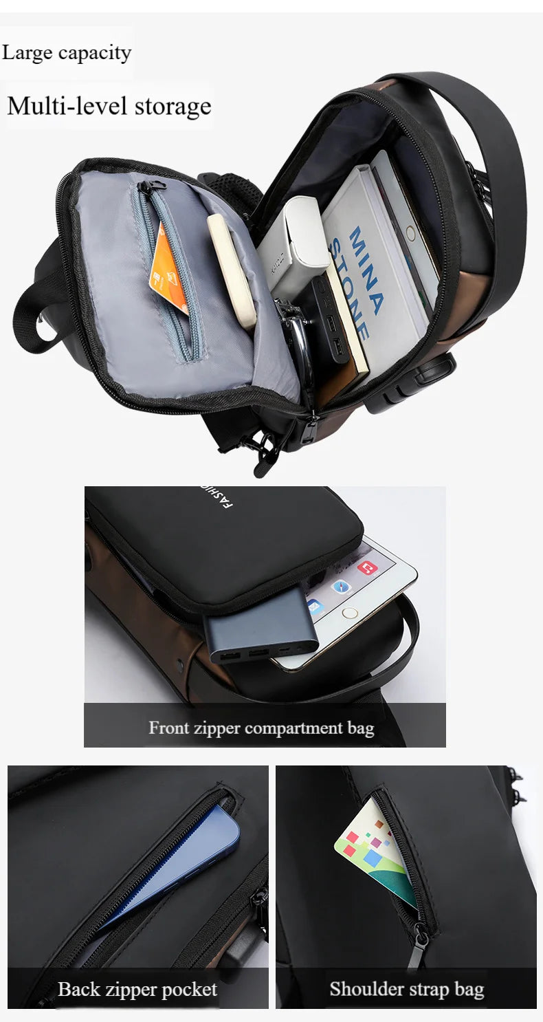 Men's Anti-Theft Chest Bag — Password Lock, USB Port & Waterproof Crossbody Sling