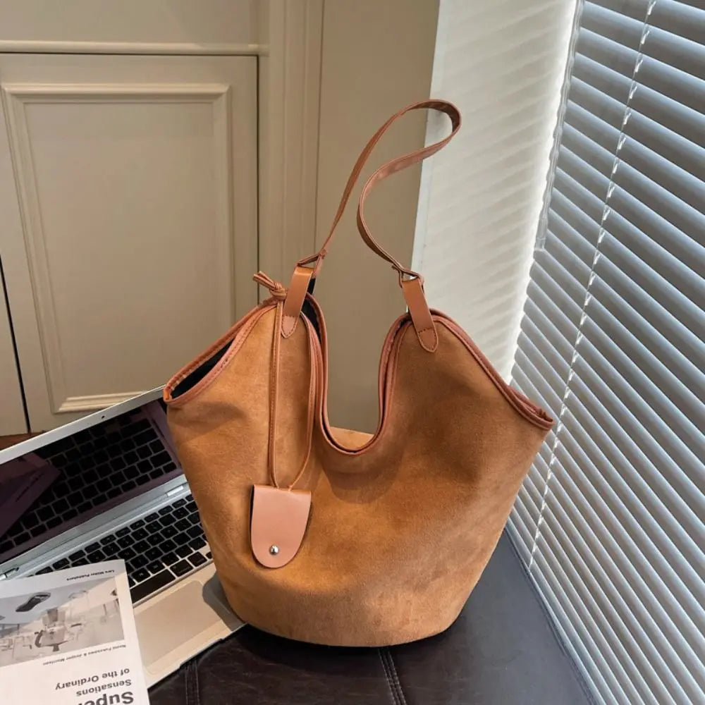 Women's Large Capacity Suede Shoulder Bag — Retro Korean Style Tote Handbag