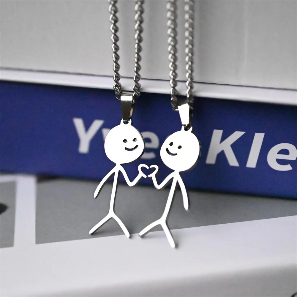 2025 Funny Middle Finger Stickman Necklace For Women Men Trend Titanium Steel Heart Pendant Chain Love Jewelry Couple Party Gift