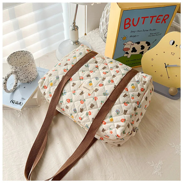Women's Floral Quilted Shoulder Bag — Large Capacity Cotton Linen Tote
