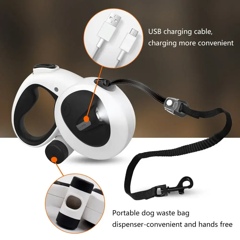 Led Light Up Pet Running Retractable Dog Leash  Automatic with Flashlight and Poop Bag Dispenser