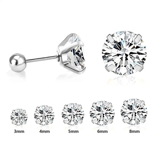 1 Pairs Shiny Crystal Zircon Stud Earrings For Women Men Round Beads Screw Back Needle CZ Ear Stainless steel 3-8mm