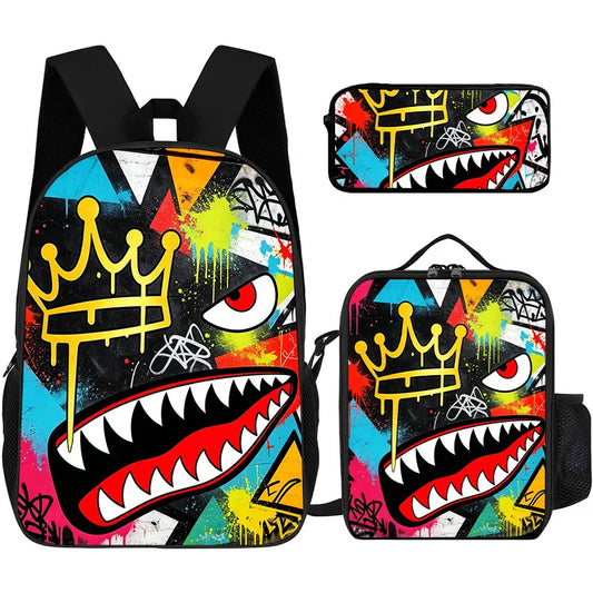 3pcs/Set Trendy Shark Graphic Backpack Graffiti Art Cartoon Print School Backpack Lightweight Casual Daypack for Students Travel