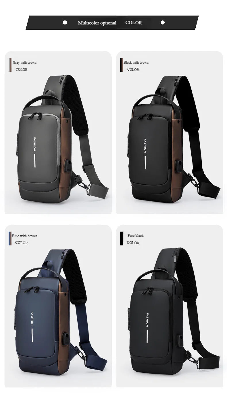 Men's Anti-Theft Chest Bag — Password Lock, USB Port & Waterproof Crossbody Sling