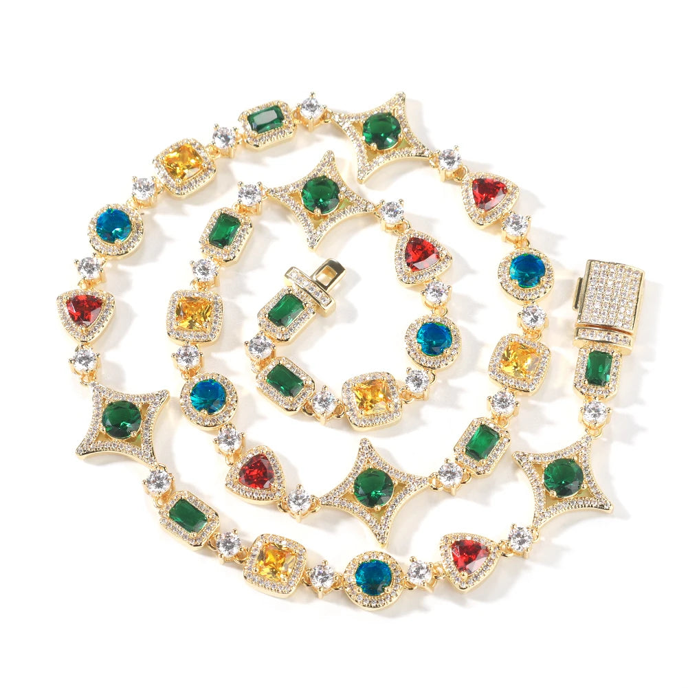 THE BLING KING Women Rainbow Necklace Iced Out Multi Color Triangle Round Rectangle Gemstoms Bracelet HipHop Jewelry For Gift