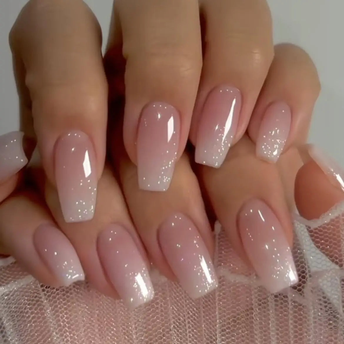 24-Piece Short Square Press-On Nails – Pinkish-White Gradient with Nail Glue & File Kit