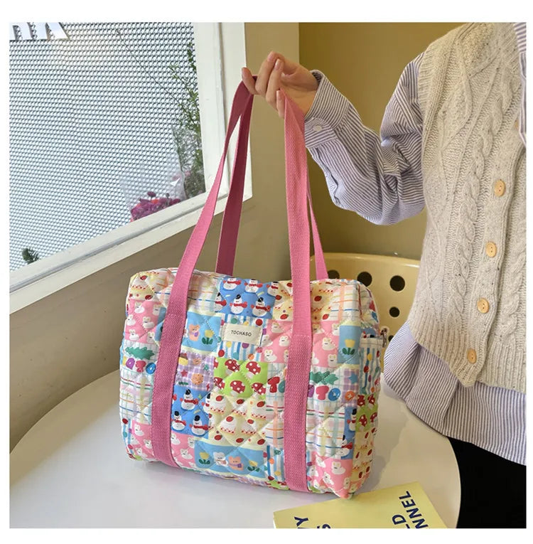 Women's Floral Quilted Shoulder Bag — Large Capacity Cotton Linen Tote