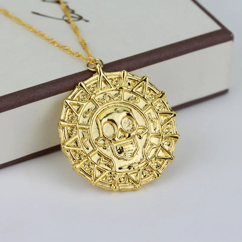 Caribbean Necklace Aztec Skeleton Skull Heads Pendant Gold/Bronze Plated Vintage Men Statement Necklace Gifts