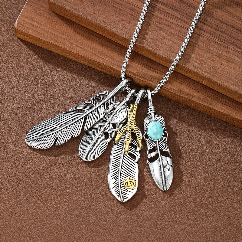 Vintage Punk Style 4-piece Feather Pendant Necklace Uniquely Designed Hip-hop Trendy Accessory Suitable for Both Men and Women
