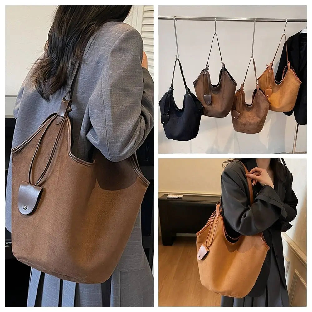 Women's Large Capacity Suede Shoulder Bag — Retro Korean Style Tote Handbag