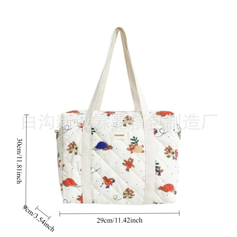 Women's Floral Quilted Shoulder Bag — Large Capacity Cotton Linen Tote