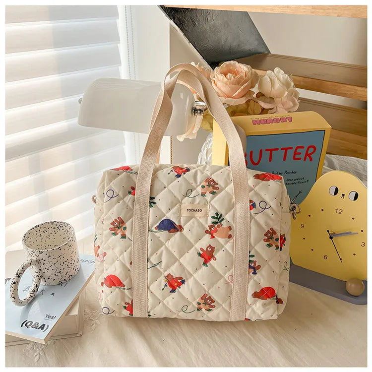 Women's Floral Quilted Shoulder Bag — Large Capacity Cotton Linen Tote