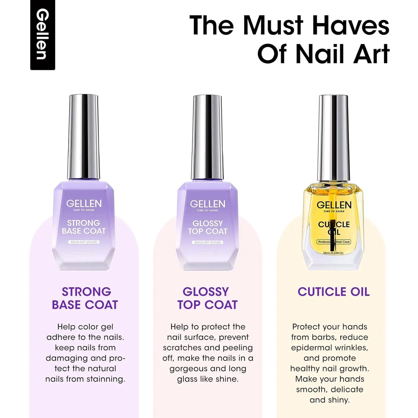 GELLEN Professional Gel Nail Set — 18ml 4-Piece Base Coat, Top Coat & Strengthener Kit for Long-Lasting Manicures