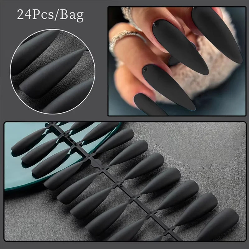 Frosted Almond & Coffin Press On Nails — 24Pcs Full Cover Nail Tips