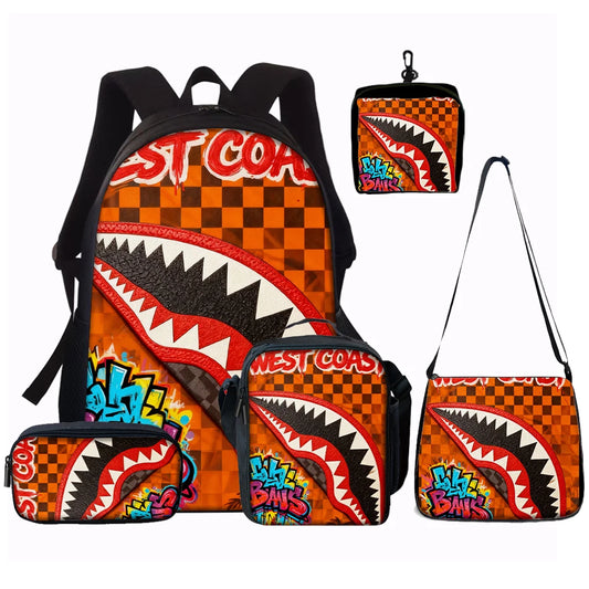 1/2/3/4/5PCS Trendy Shark Graphic Backpack Set | Perfect for School & Daily Adventures