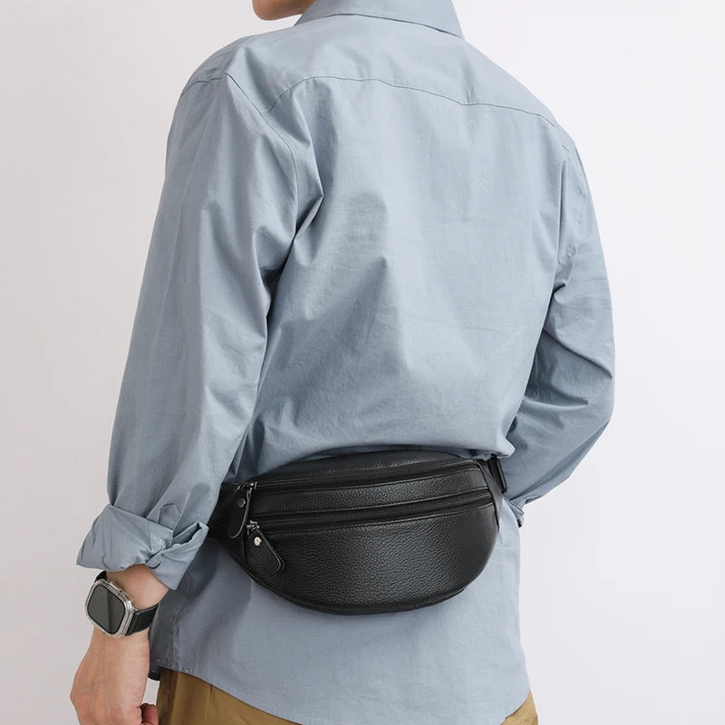 Minimalist Genuine Leather Waist Bag — Unisex Vintage Pebbled Crossbody Chest Pack