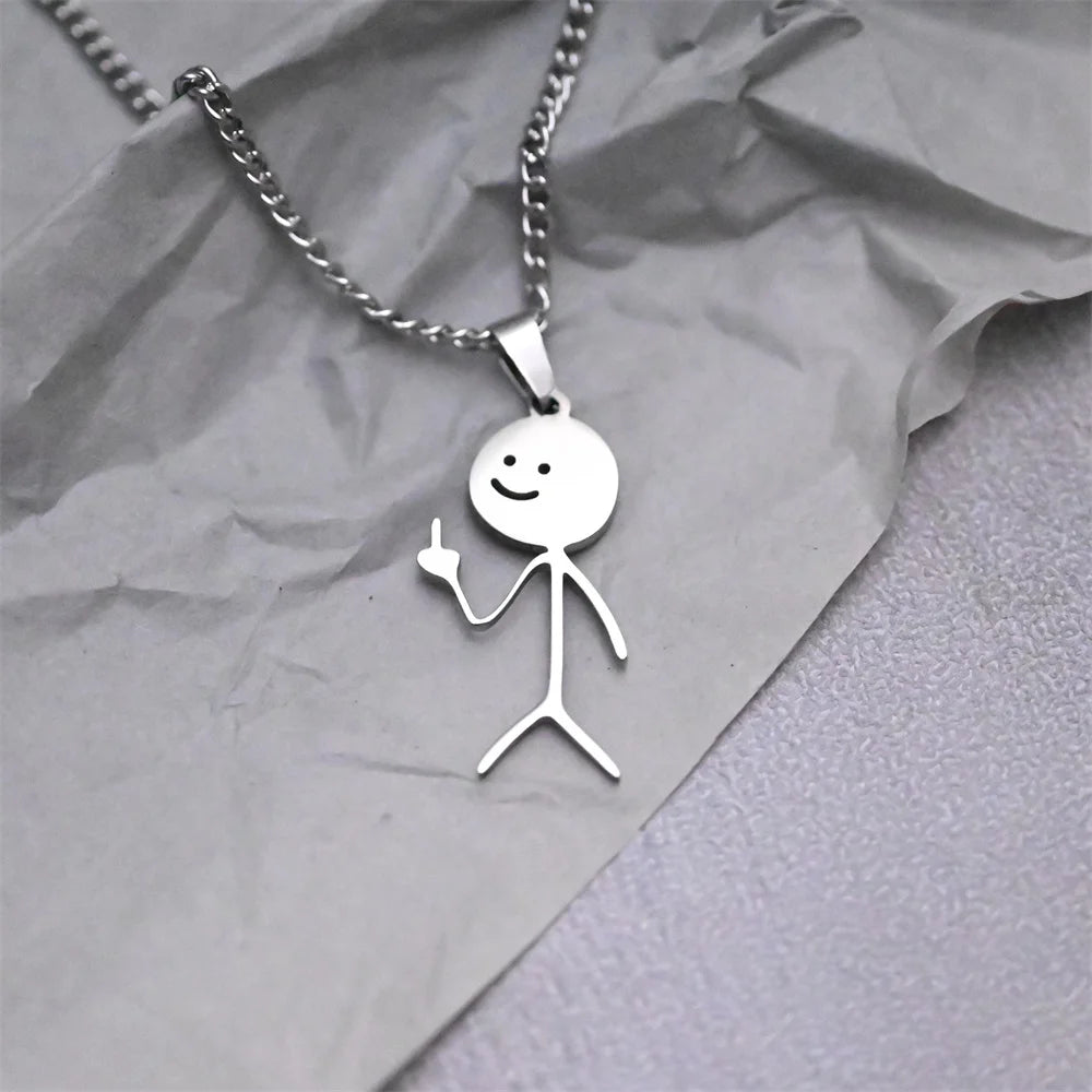2025 Funny Middle Finger Stickman Necklace For Women Men Trend Titanium Steel Heart Pendant Chain Love Jewelry Couple Party Gift