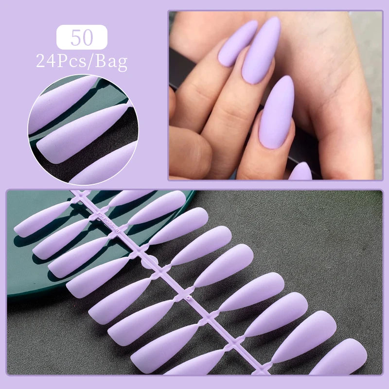Frosted Almond & Coffin Press On Nails — 24Pcs Full Cover Nail Tips