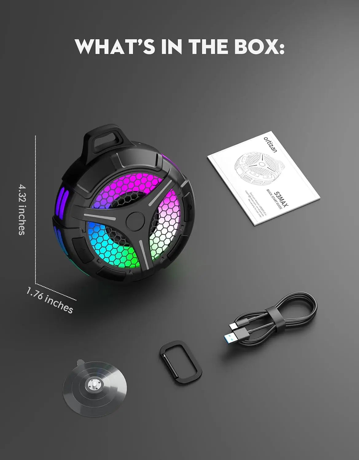 Ortizan IPX7 Waterproof Bluetooth Shower Speaker — 15W HD Sound, RGB Lights, 10Hr Battery