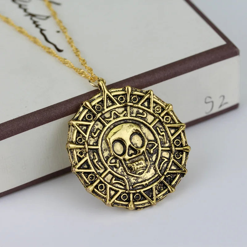 Caribbean Necklace Aztec Skeleton Skull Heads Pendant Gold/Bronze Plated Vintage Men Statement Necklace Gifts