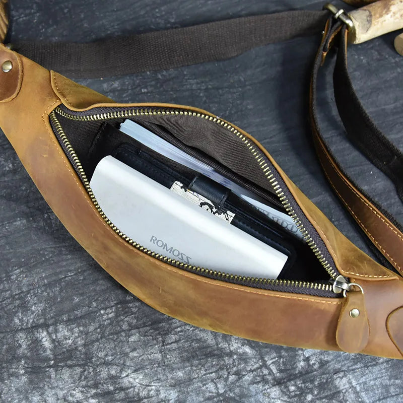 Newsbirds Men's Genuine Leather Chest Bag — Vintage Crossbody Sling & Outdoor Belt Pouch