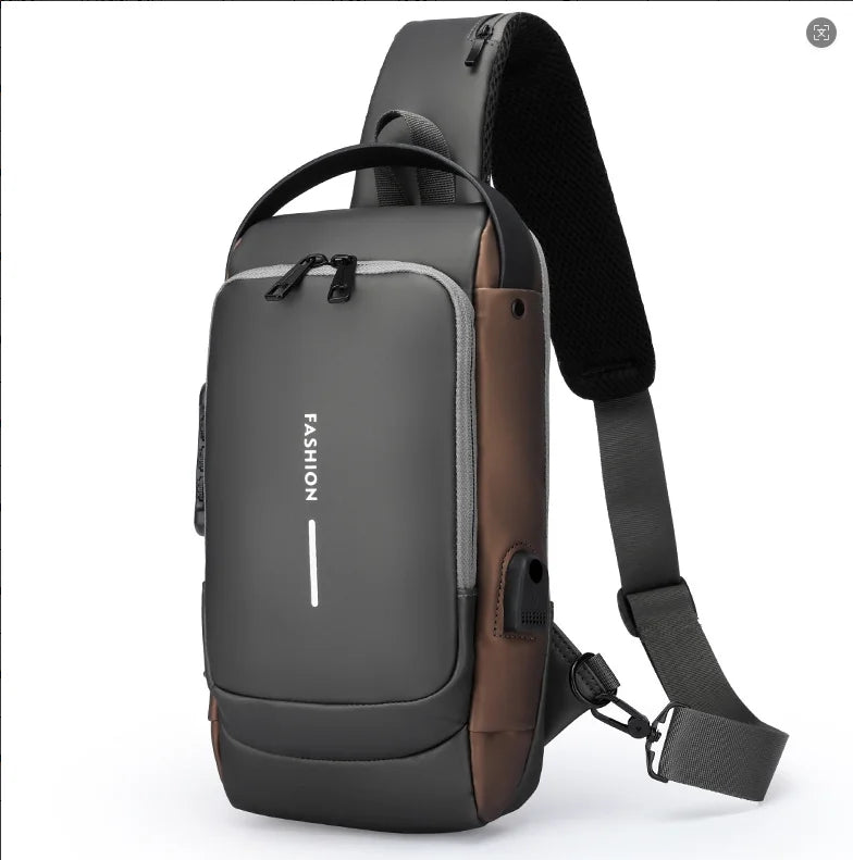 Men's Anti-Theft Chest Bag — Password Lock, USB Port & Waterproof Crossbody Sling