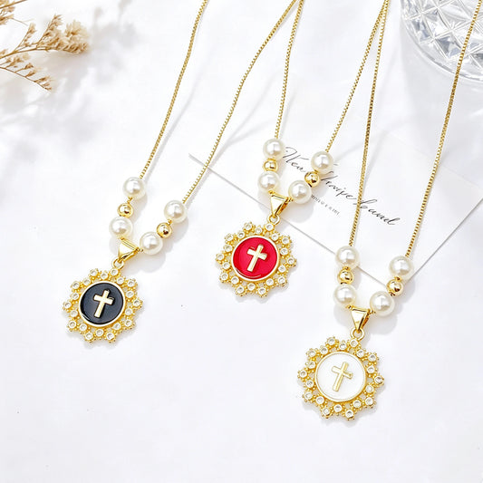 Classic Enamel Art Round Square Cross Pearl Chian Necklace Women Men Fashion Religious Party Zircon Choker Jewelry Prayer Gift